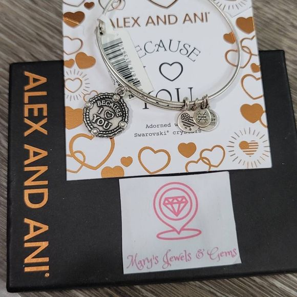 Alex and Ani BECAUSE I LOVE YOU III Russian Silver Charm Bangle W/Tag Card & Box - Picture 1 of 3